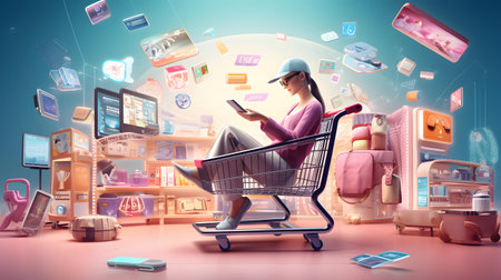Young woman in shopping cart with mobile phone in her hand. 3D renderingの素材