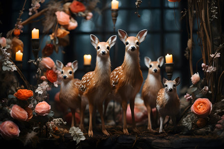 Cute little deers in a room decorated with flowers and candlesの素材