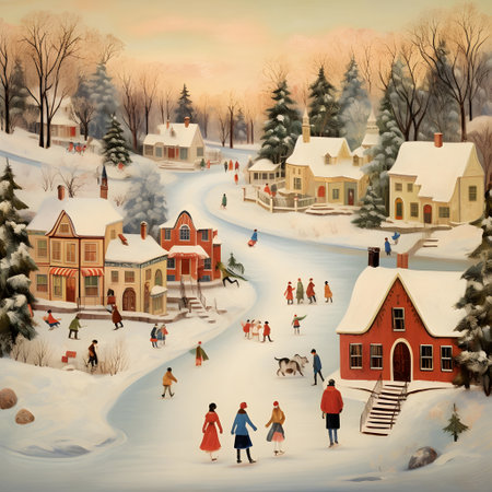 Winter landscape with houses, trees and people on the street. illustrationの素材