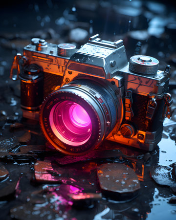 Old retro camera on black background. Shallow depth of field.の素材