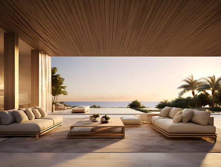 3d rendering of a modern living room with sea view and beachの素材