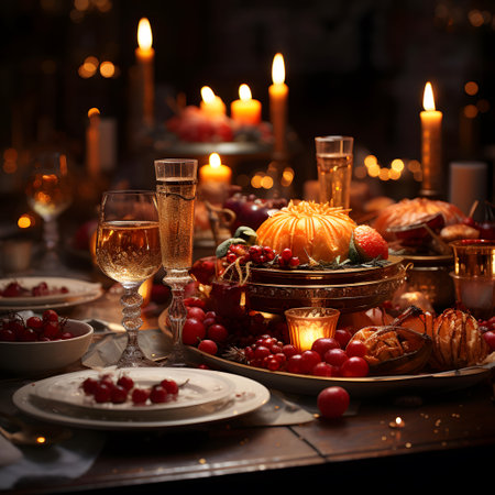 Christmas table with wine, candles and decorations. Selective focus.の素材