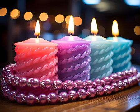 Candles with beads on a wooden table. Shallow depth of field.の素材