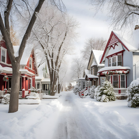 Winter scene with snowy street and houses in Boston, Massachusetts, USA.の素材
