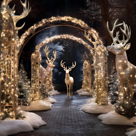 Christmas and New Year background. Decorated entrance to the forest with deer.の素材