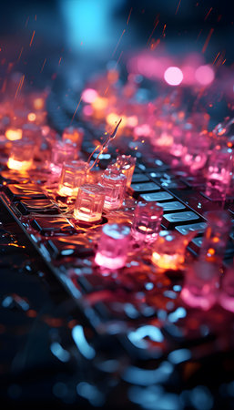 Close-up of a computer keyboard in neon light. Abstract background.の素材