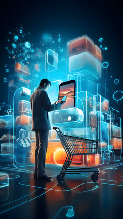 Businessman with tablet pc and shopping cart. Online shopping concept.の素材