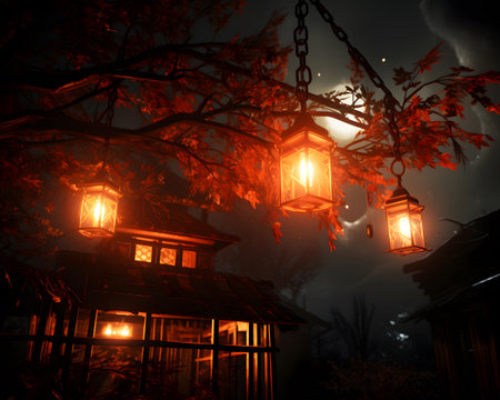 Hanging lanterns in the forest at night. 3d renderingの素材
