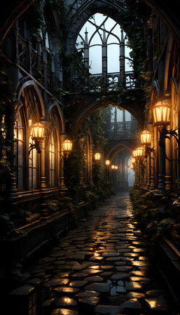 Beautiful alley in a gothic style with lanterns.の素材