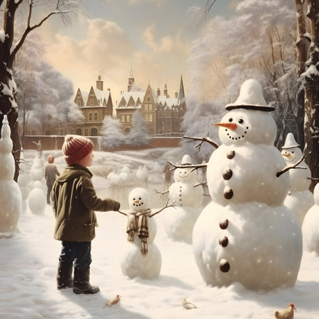 Little boy with snowman in winter park. Christmas and New Year concept.の素材