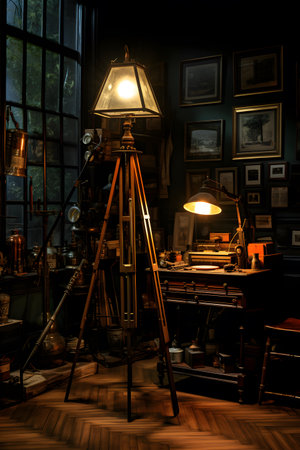 antique room with desk lamp and bookshelf, stock photoの素材