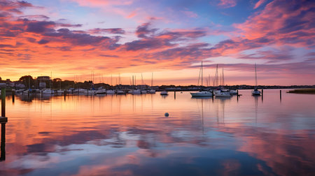 Sunset at the marina with boats and yachts.の素材