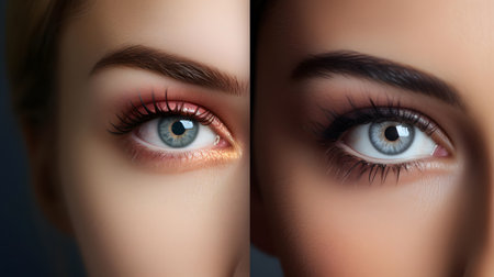Beautiful blue eyes of young woman before and after retouchingの素材