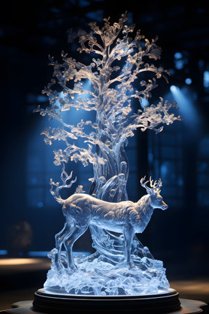 3D rendering of a Christmas tree with deers in the backgroundの素材