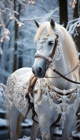 Beautiful white horse in the winter forest with a garland.の素材
