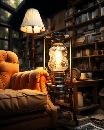 Vintage lamp in the interior of the room with bookshelvesの素材