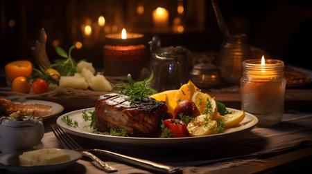 Roast meat with vegetables on a wooden table in a restaurant.の素材