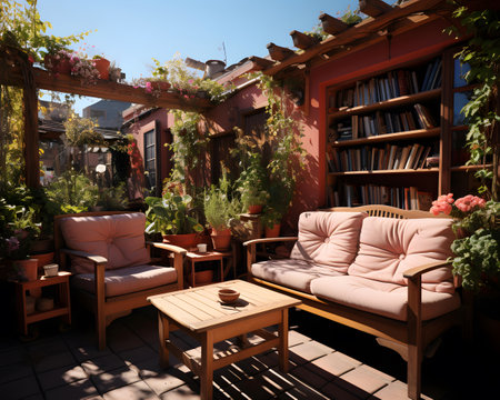 Wooden terrace with furniture and books on the background of the gardenの素材