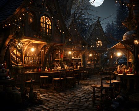 Cafe in the old town at night with full moon, 3d illustrationの素材
