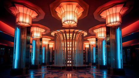 Interior of a modern building with red and blue lanterns.の素材