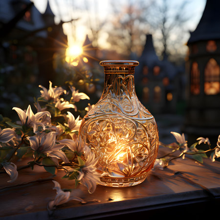 Vintage glass vase with floral ornament on the background of the sunset.の素材
