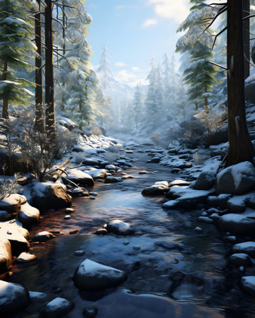 Winter landscape with a river in the forest. 3D rendering.の素材