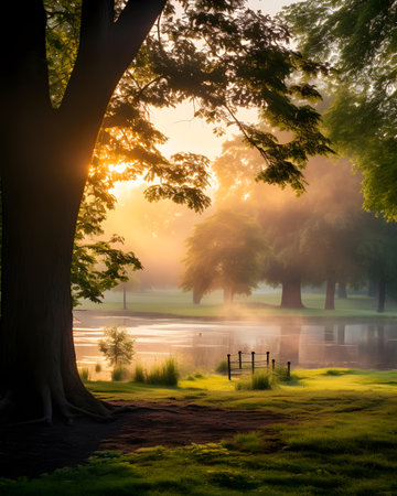 Morning in the park with fog and sunbeams. Landscape.の素材
