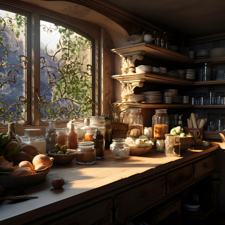Kitchen interior with a glass jar of jam. 3d renderingの素材