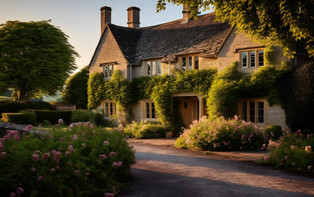 A view of the beautiful English country house at sunset in Spring.の素材