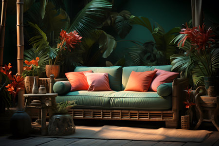 Comfortable sofa with pillows in tropical garden. 3d renderingの素材