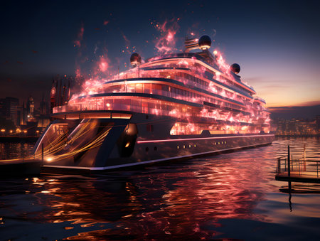 Cruise ship on the river at night. 3D rendering.の素材
