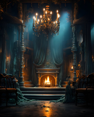 Luxury dark interior of a room with a fireplace and classic furniture.の素材