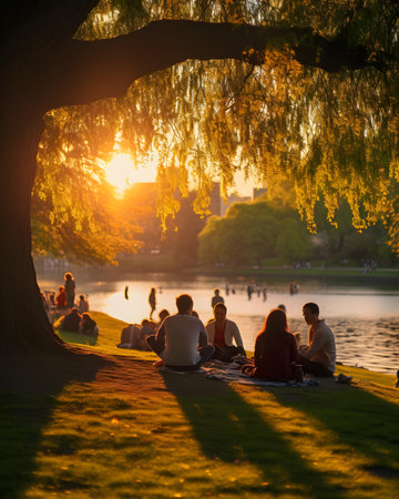 Sunset in Central Park, New York City, USA. People sitting under the weeping willow tree.の素材