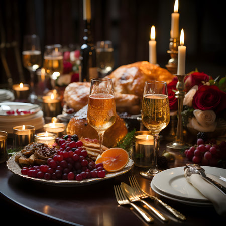 Festive table setting for Valentine's Day dinner in the rustic style.の素材