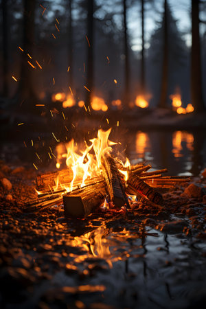 Bonfire in the forest at night. Fire in the forest.の素材