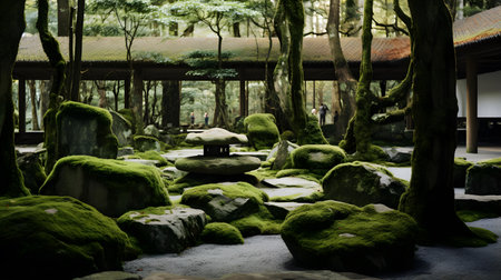 Japanese garden with stone and green moss in a Japanese temple in Kyoto, Japanの素材