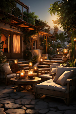 Luxury terrace in the evening.3d rendering.の素材