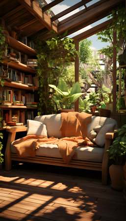 Comfortable sofa and bookshelf in cozy living room on sunny dayの素材