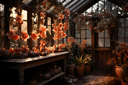Interior of a greenhouse with vases of flowers and plants.の素材