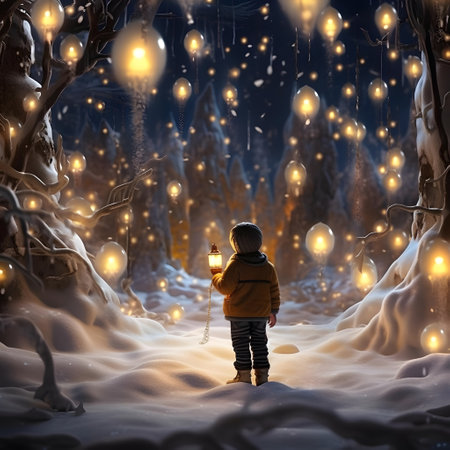 Little boy in a snowy winter forest. Christmas and New Year conceptの素材