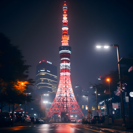 Tokyo Tower at night in Tokyo, Japan. Tokyo Tower is the tallest building in the world.の素材
