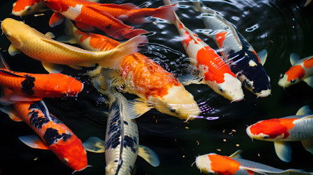 Koi fish swimming in the pond. Shallow depth of field.の素材