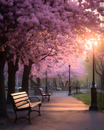 Cherry blossoms in the park at sunset. Beautiful spring landscape.の素材
