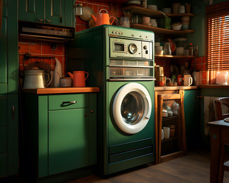 Laundry room with washing machine and household appliances. 3d renderingの素材
