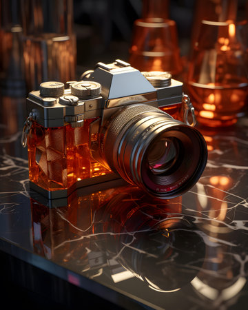 Vintage camera on a black reflective surface. 3d rendering.の素材