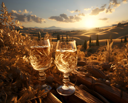 Two glasses of white wine in Tuscany, Italy, Europeの素材
