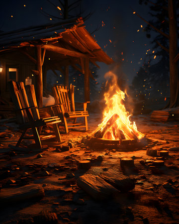 Camping by the fire in the forest at night. 3d renderingの素材