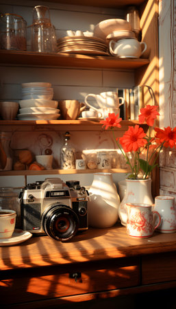 Retro camera and cup of coffee on wooden shelf in kitchen.の素材