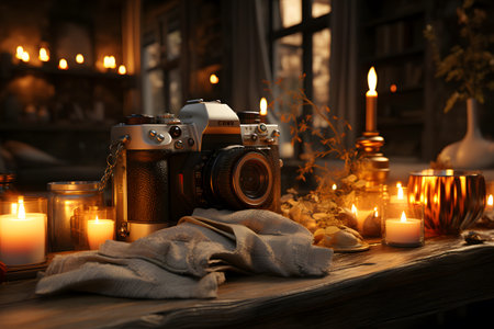 Vintage camera, candles and plaid on wooden table in roomの素材