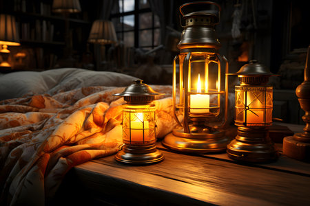 Lanterns on the bed in the bedroom at night.の素材